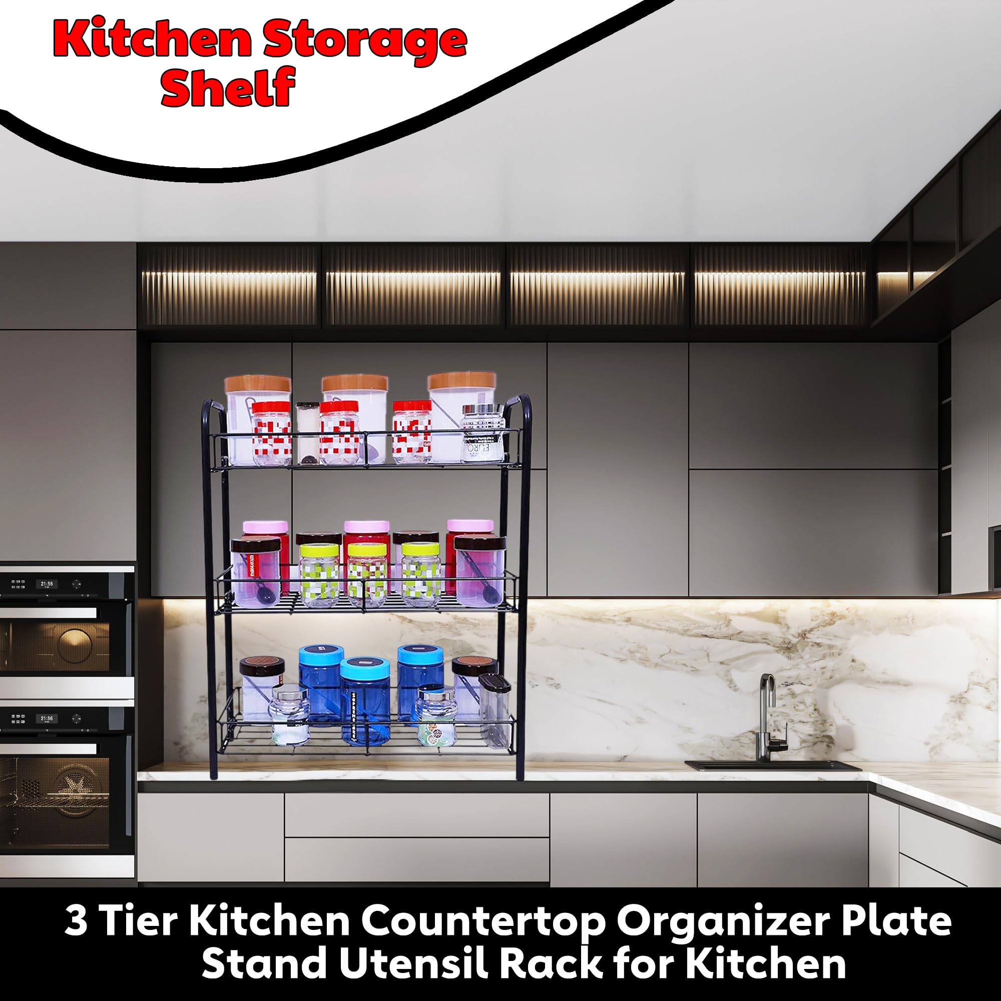 D&V ENGINEERING 3-Tier Kitchen Storage Shelf Shelves Holder Stand Rack, Kitchen Countertop Storage Shelf Organizer, Kitchen Spic